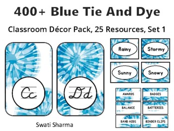 400+ Blue Tie And Dye Classroom Décor Pack #397, 25 Resources, Set 1Sheet Siz