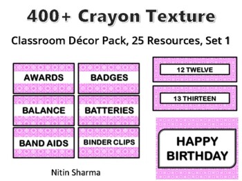 400+ Crayon Texture Classroom Décor Pack #391, 25 Resources, Set 1, Ready To Pr