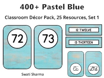 400+ Pastel Blue Classroom Décor Pack #319, 25 Resources, Set 1 Sheet Size: 8