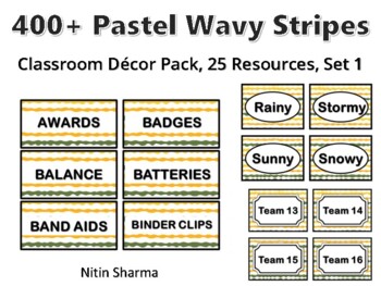 400+ Pastel Wavy Stripes Classroom Décor Pack #312, 25 Resources, Set 1, Ready