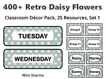 400+ Retro Daisy Flowers Classroom Décor Pack #318, 25 Resources, Set 1, Ready