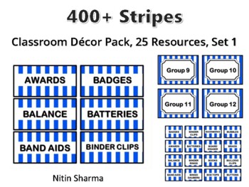 400+ Stripes Classroom Décor Pack #339, 25 Resources, Set 1, Ready To Print Dec
