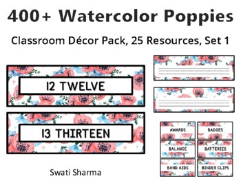 400+ Watercolor Poppies Classroom Décor Pack #494, 25 Resources, Set 1,