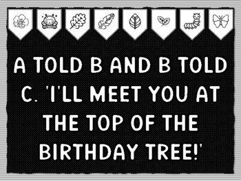 A TOLD B AND B TOLD C, 'I'LL MEET YOU AT THE TOP OF THE BIRTHDAY TREE!' Cater