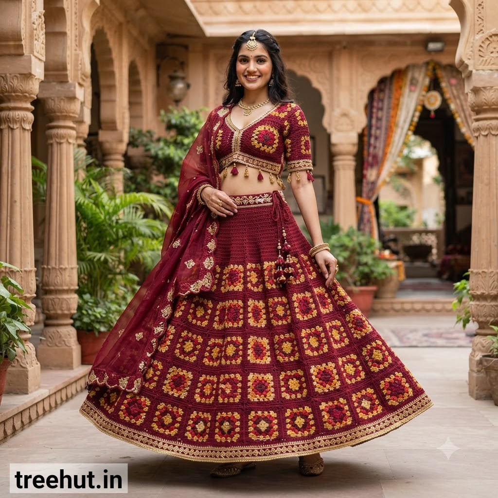 4 Maroon Crochet Bridal Lehanga Ideas, Indian Wedding Crochet