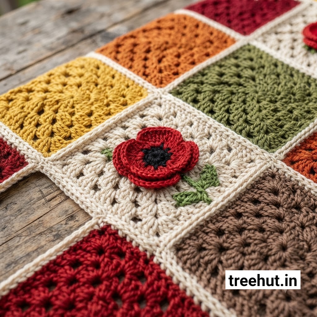 Poppy Flower Granny Squares, Fall Granny Stitch Crochet Blanket Ideas