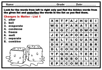 Kindergarten Science, Matter, Vocabulary, Word Search Worksheets