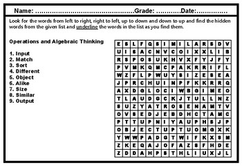 1st Grade, Math, Algebraic Thinking, Word Search Worksheets