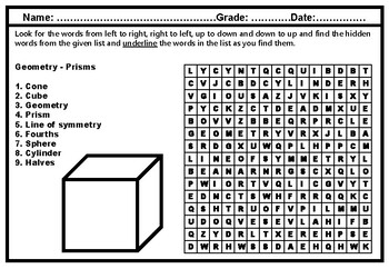 1st Grade, Math, Geometry, Word Search Worksheets, 48 Words