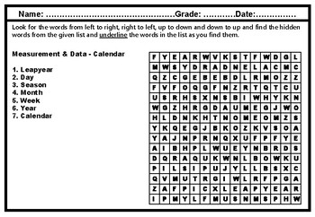 1st Grade Math, Measurement & Data, Word Search Worksheets