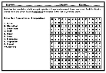 1st Grade Math, Number Operations in Base Ten, Word Search Worksheets