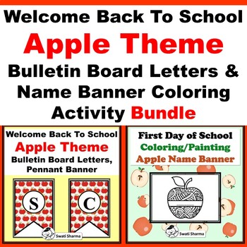 Back To School Apple, Bulletin Board Letters & Name Banner Coloring, Bundle