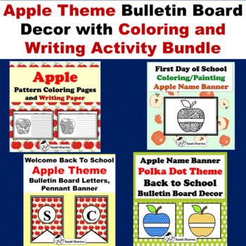 Apple theme bulletin board decor with coloring and writing activity Bundle