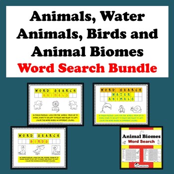 Animals, Water Animals, Birds and Animal Biomes Word Search Bundle