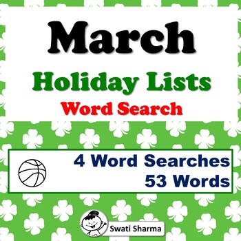 March Holiday Lists, Word Search Worksheets
