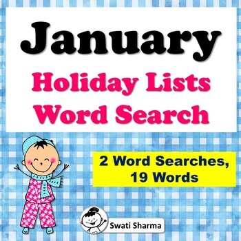 January Holiday Lists, Word Search Worksheets