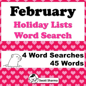 February Holiday Lists, Word Search Worksheets
