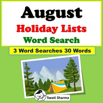 August Holiday Lists, Word Search Worksheets