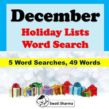 December Holiday Lists, Word Search Worksheets, No Prep Sub Plans