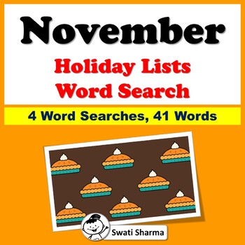 November Holiday Lists, Word Search Worksheets