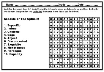 10th Grade Literature, Word Search Worksheets, No Prep Sub Plan