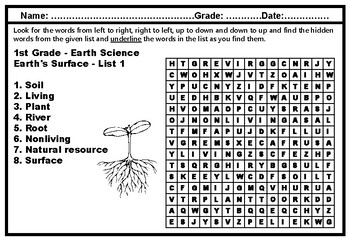 1st Grade Science Vocabulary, Year long, Word Search Puzzle Worksheets, No Prep