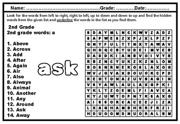 2nd Grade, Spelling Words, Word Search Worksheets, Year Long, No Prep, Sub Plans