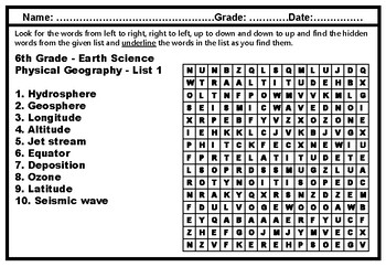6th Grade Science Vocabulary, Word Search Worksheets, Year Long No Prep Sub Plan