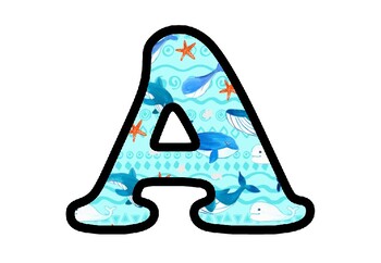 Watercolor Whale Bulletin Board Letters, Numbers, Symbols, Ocean Classroom Decor