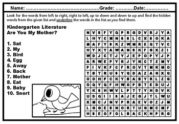 Kindergarten Literature, Year Long, Word Search Worksheets, No Prep Sub Plans