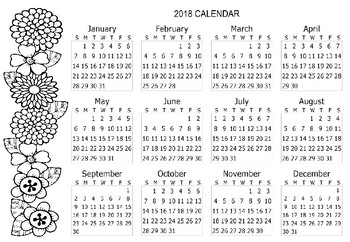 Free 2018 Calendar Coloring Page