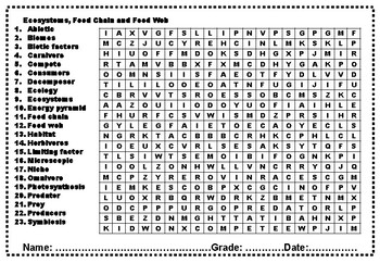 Ecosystems, Food Chain and Food Web Wordsearch Worksheet