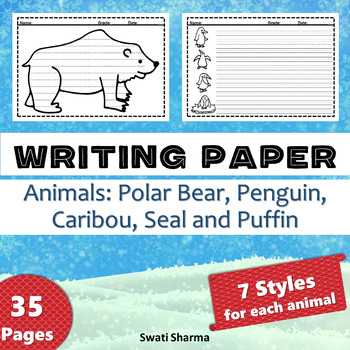 Winter Writing Paper, Polar Animals, Polar Bear, Penguin, Caribou, Seal & Puffin